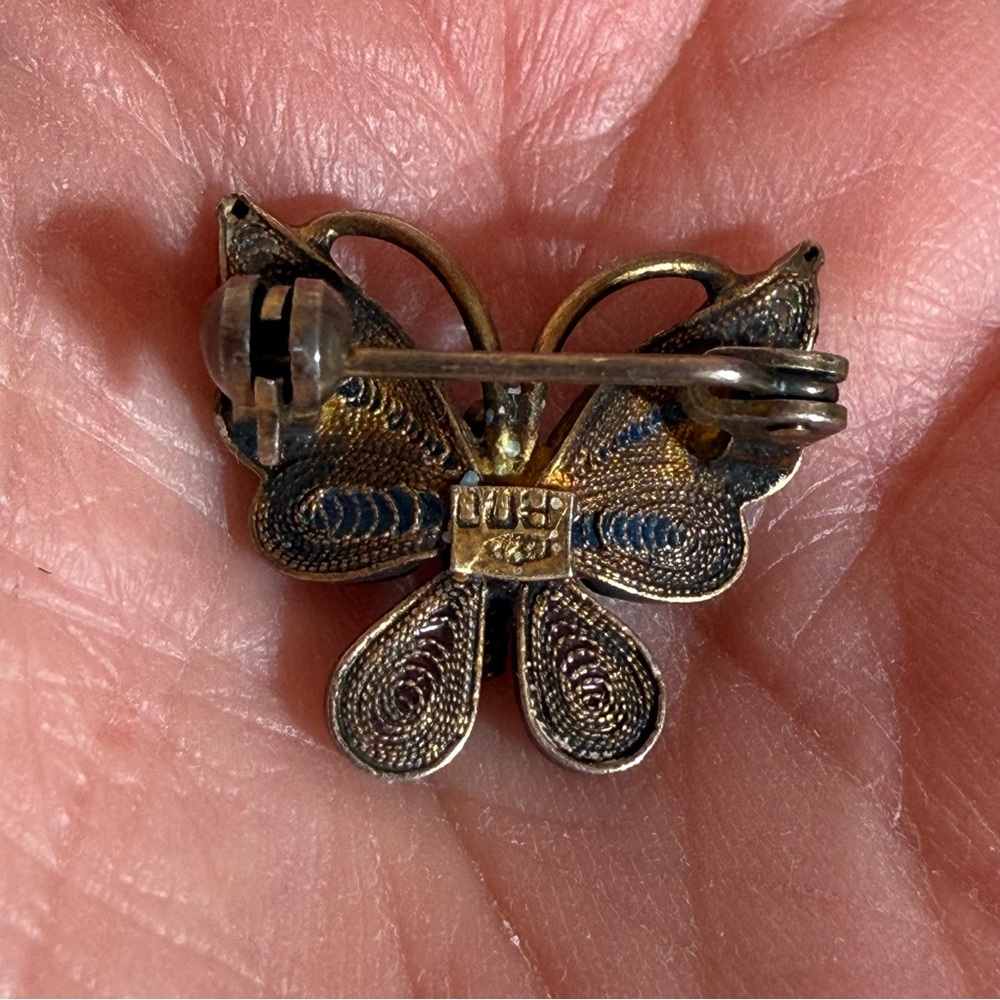 Antique 800 silver deco Filagree blue plique-a-jour Enamel tiny Butterfly brooch - Picture 11 of 17